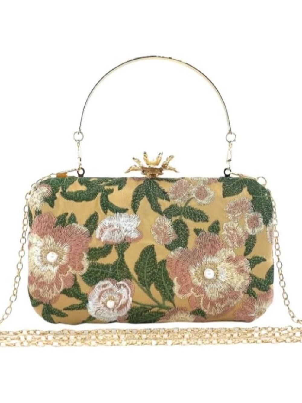 Vintage Embroidered Clutch Purse Floral Handbag Pearl Evening Chain Shoulder Bag